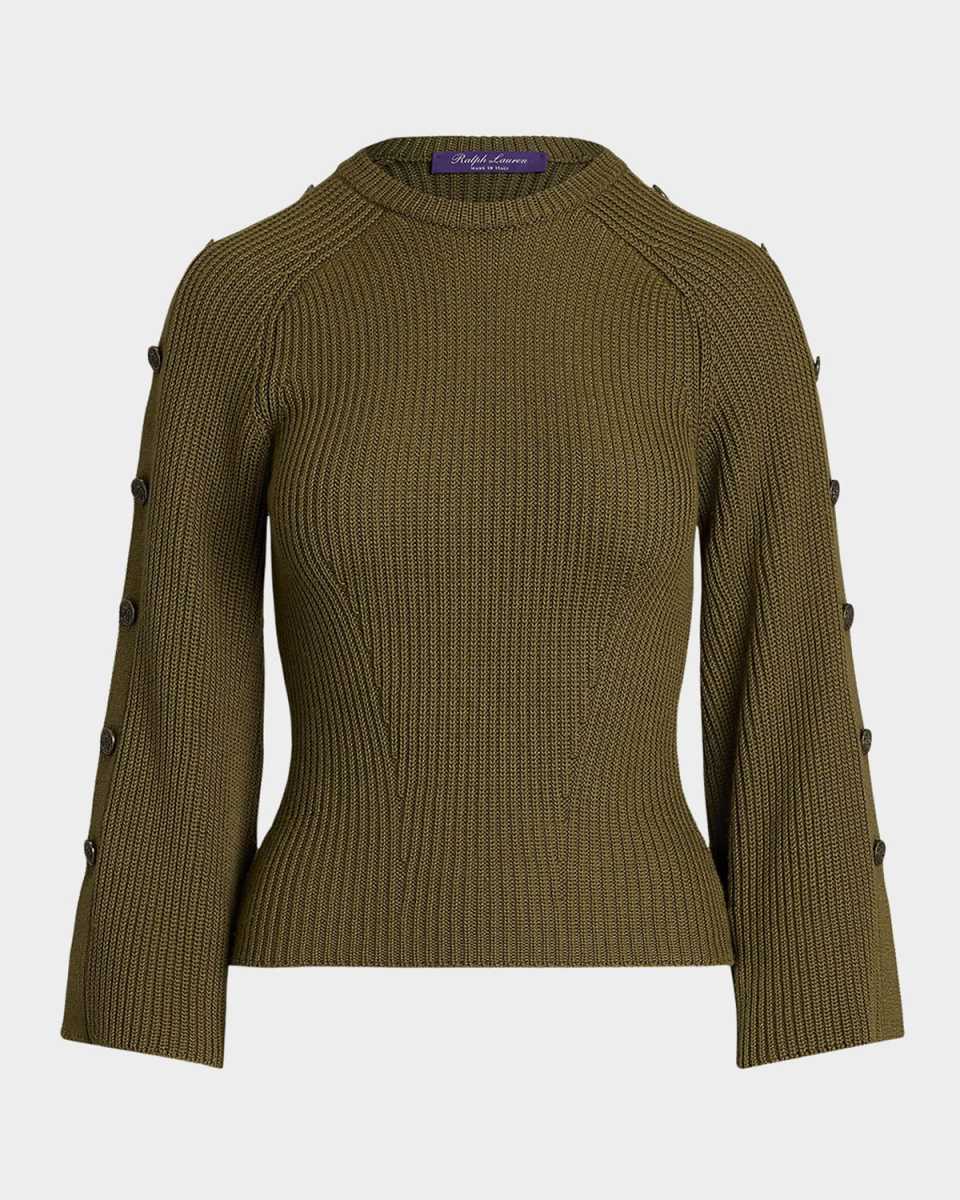 Rib-Knit Wool-Silk Button-Sleeve Sweater